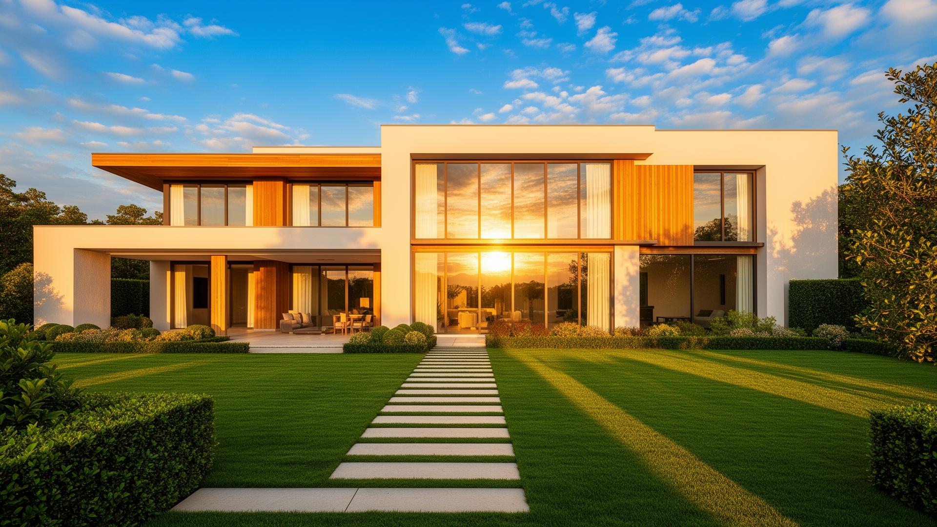 Modern home with sparkling clean windows reflecting blue sky